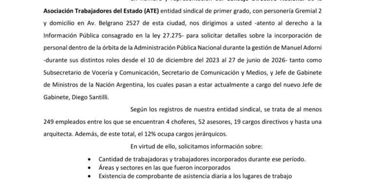 ATE presentó un pedido oficial a Santilli para que revele detalles sobre las incorporaciones de Adorni durante su gestión