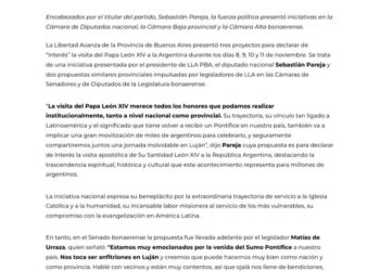 La Libertad Avanza bonaerense busca declarar de “interés” la visita del papa León XIV